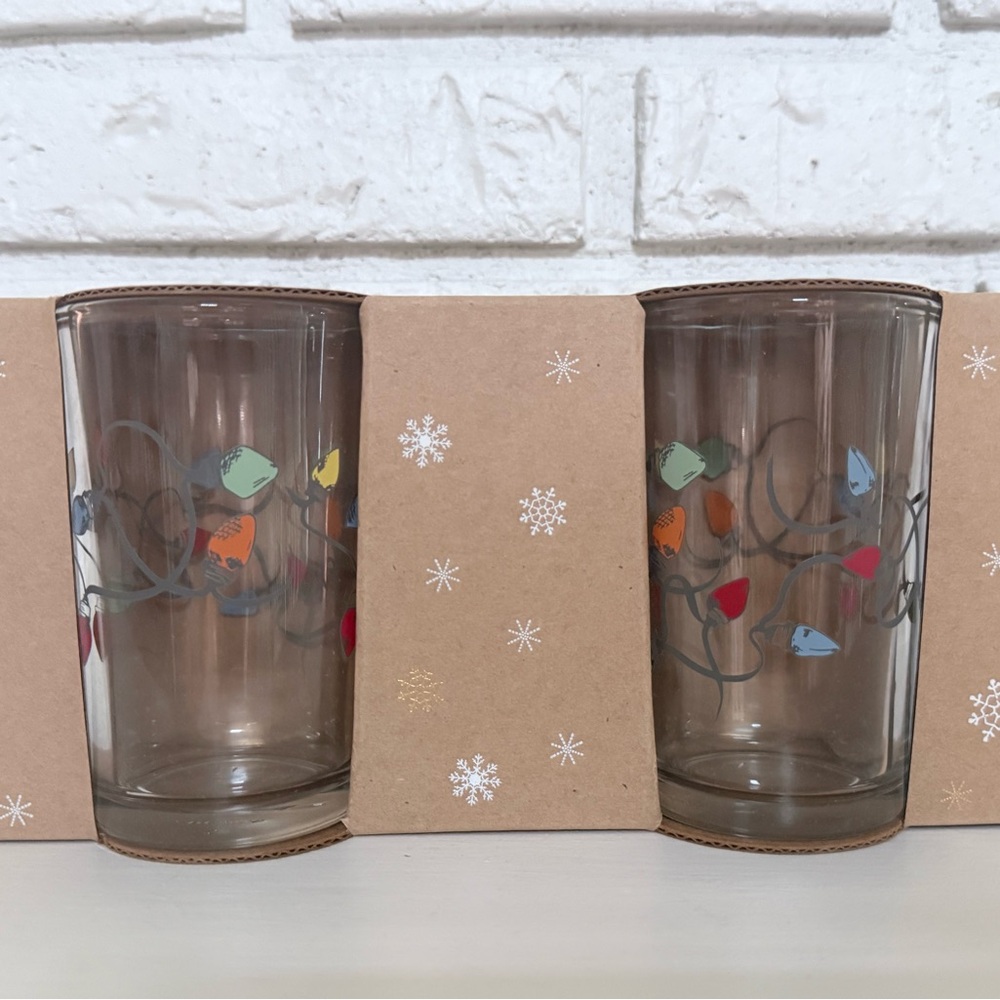 Pottery Barn Christmas String Lights Juice Glasses Set of 4 NIB